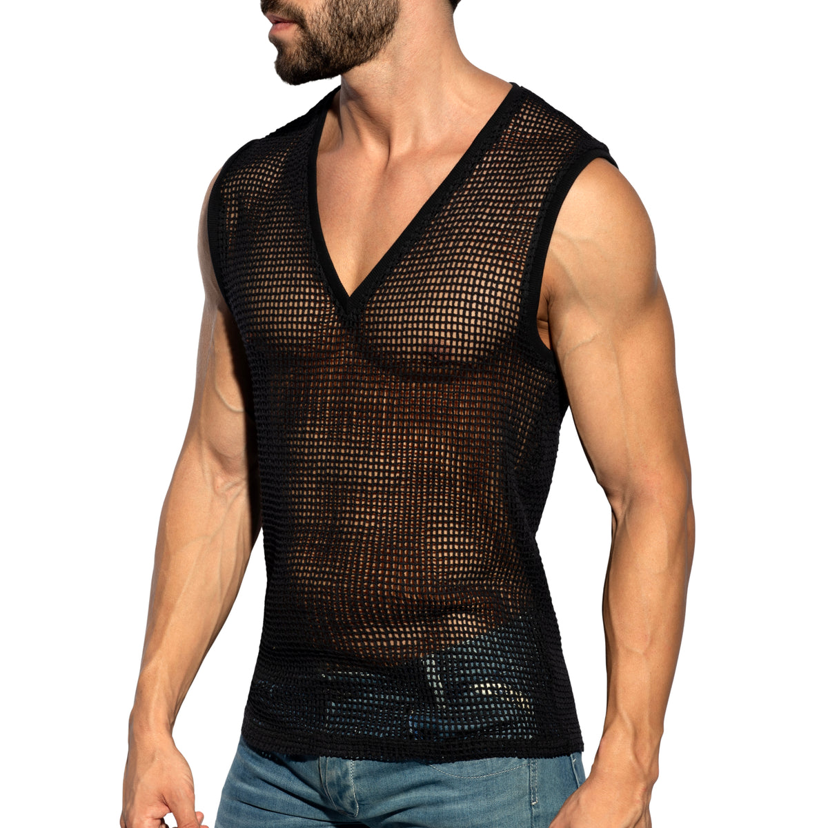 ES Collection Open-Grid V-Neck Sleeveless Top Black TS380