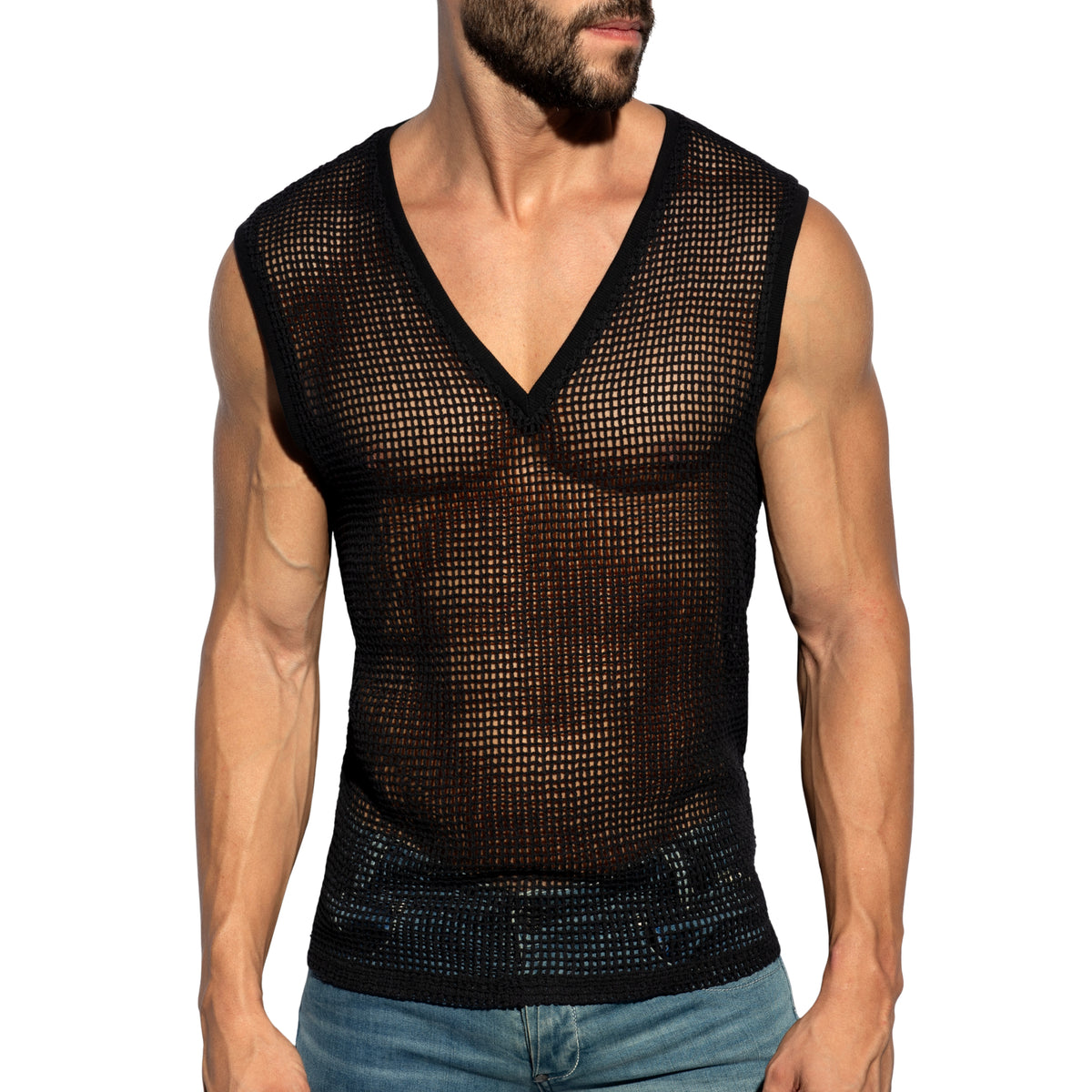 ES Collection Open-Grid V-Neck Sleeveless Top Black TS380