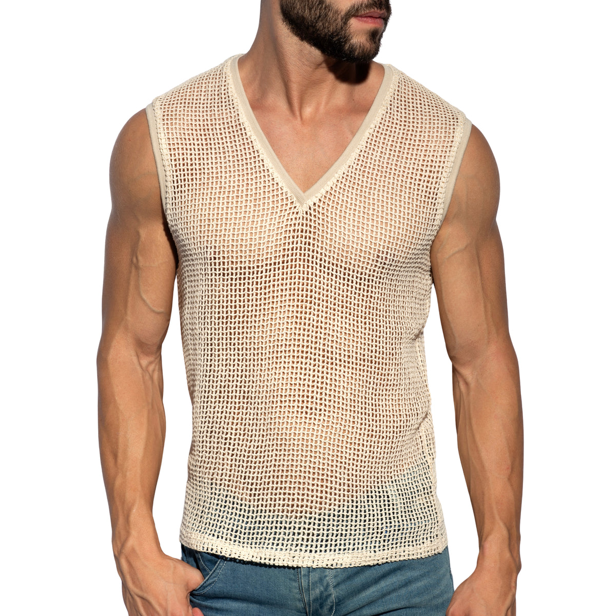ES Collection Open-Grid V-Neck Sleeveless Top Ivory TS380