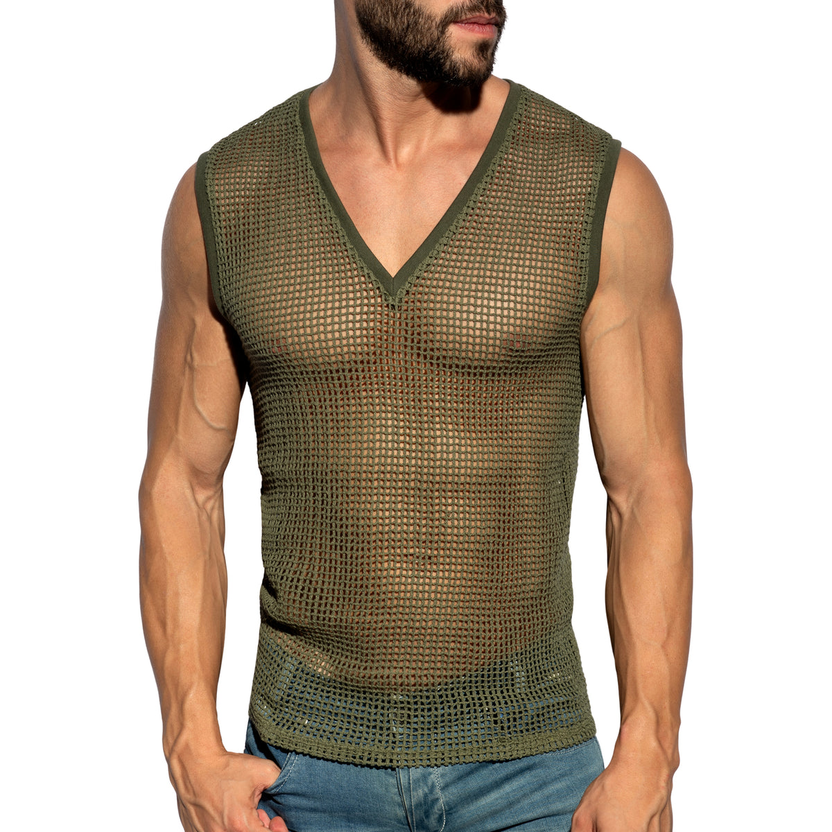 ES Collection Open-Grid V-Neck Sleeveless Top Khaki TS380