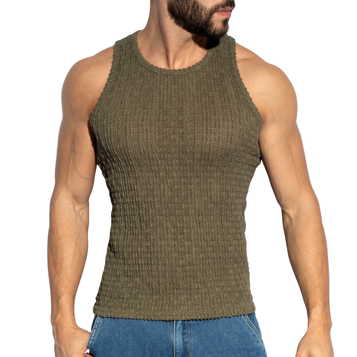 ES Collection Fuzzy Crochet Tank Top Khaki TS386